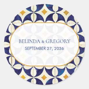 Sticker Rond Mariage Motif vintage bleu et jaune portugais