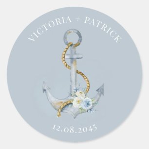 Sticker Rond Mariage nautique à l'aquarelle bleue florale d'anc