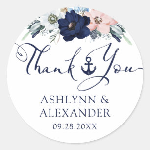 Sticker Rond Mariage nautique Ancre Florale Marine Merci bleu