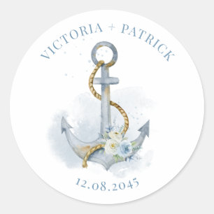 Sticker Rond Mariage Nautique Fleur Anchor Aquarelle Bleue