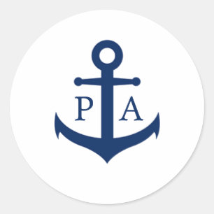 Sticker Rond Mariage Nautique Monogramme d'Ancre Bleu Marine
