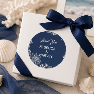 Sticker Rond mariage nautique plage dentelle blanche bleu marin