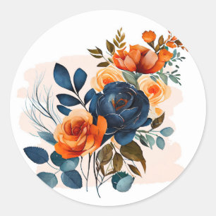 Sticker Rond Mariage Navy Blue and Orange Peony