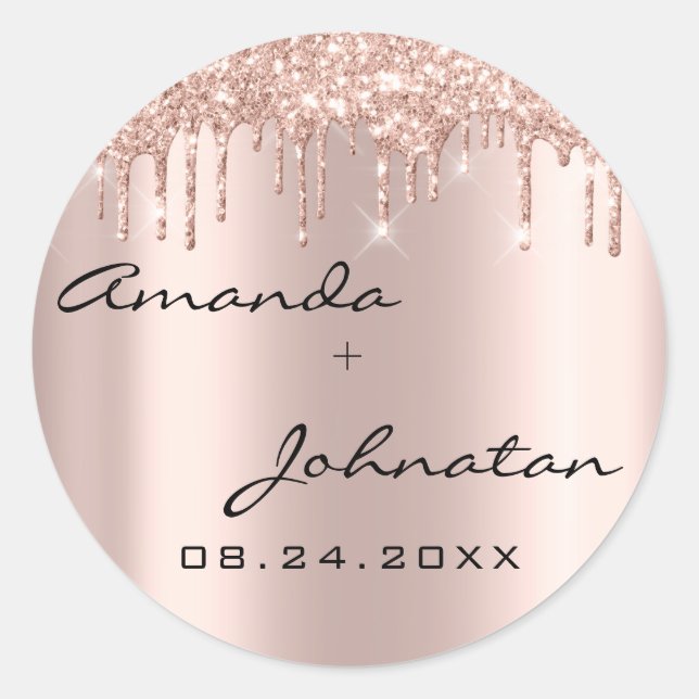 Sticker Rond Mariage Noir Rose Dégoulinante Nom Simple Date (Devant)