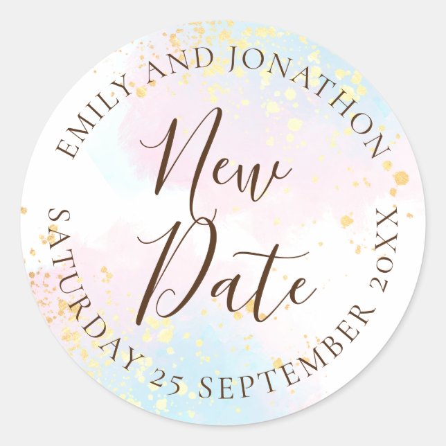 Sticker Rond Mariage Nouvelle date Pink Turquoise Aquarelle Or  (Devant)