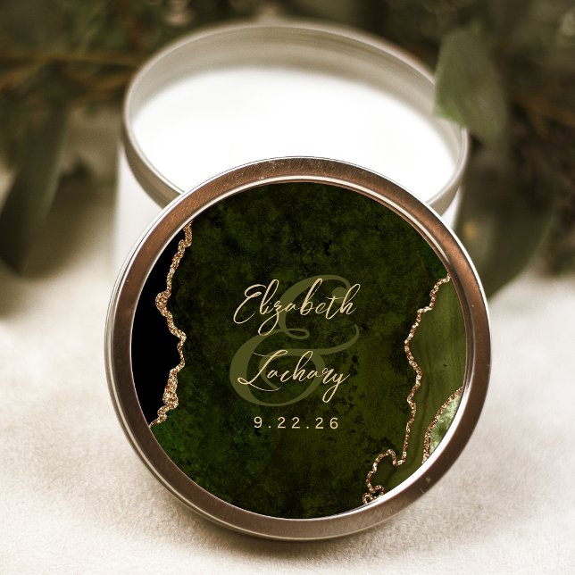 Sticker Rond Mariage Olive Green Gold Agate Script (Créateur téléchargé)