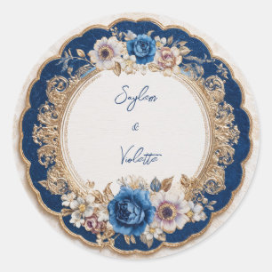 Sticker Rond Mariage Or Bleu Saphir Victorien à Bordure Ondulée