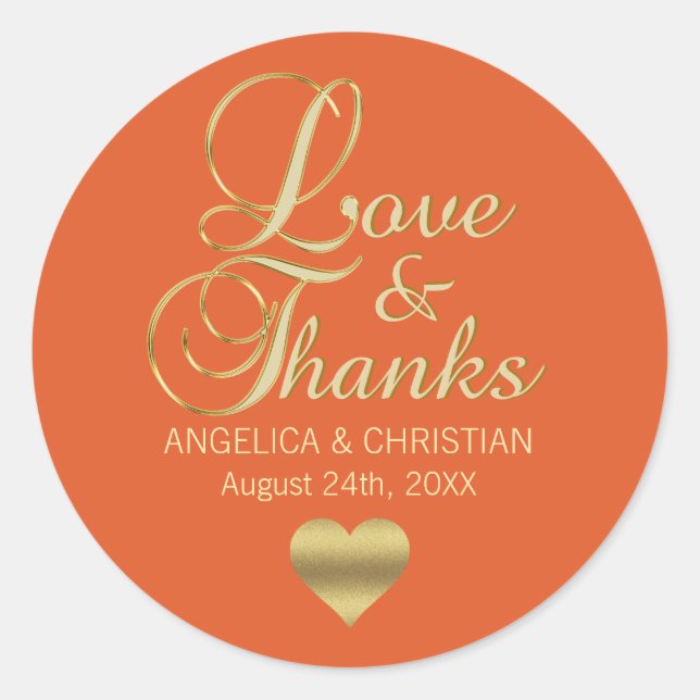 Sticker Rond Mariage ORANGE Gold LOVE & THANES personnalisé (Devant)