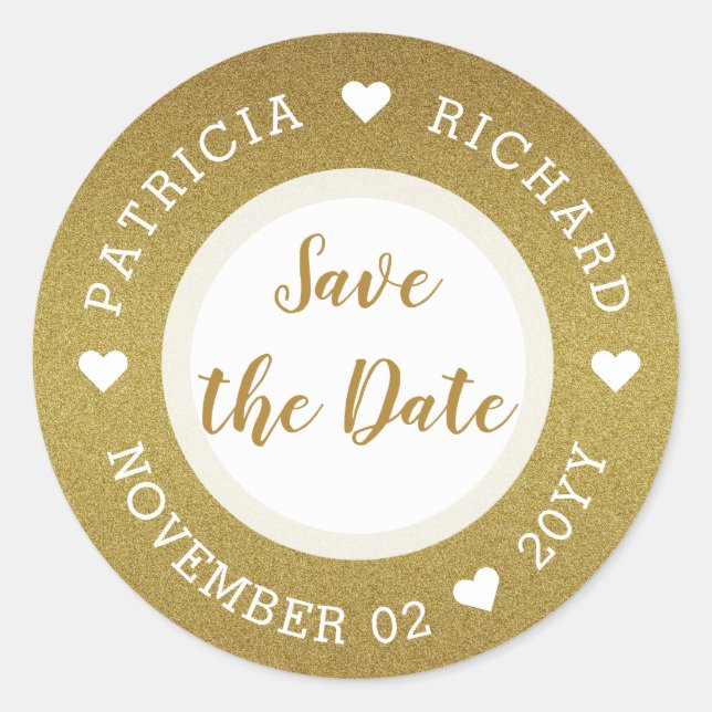 Sticker Rond Mariage Pailleté Or Save The Date (Devant)