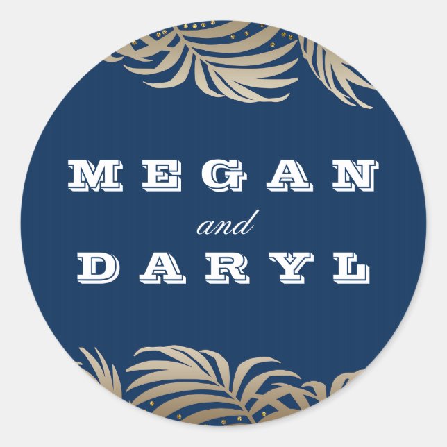 Sticker Rond Mariage Palms Leaf Navy et Gold Beach (Devant)