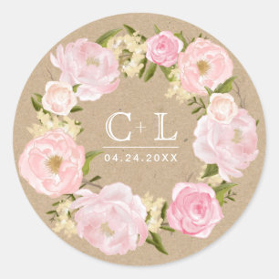 Sticker Rond Mariage papier Kraft Pony rose pâle
