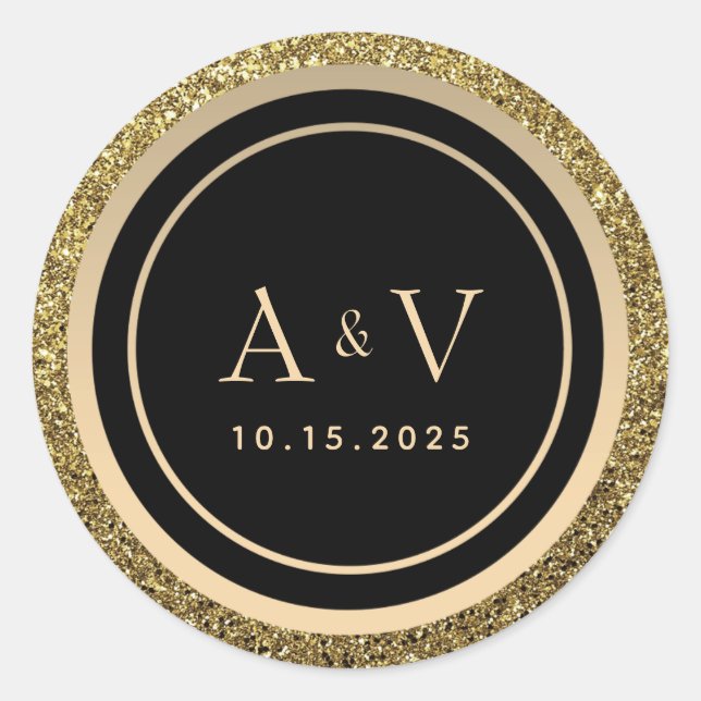 Sticker Rond Mariage parties scintillant or et noir Monogramme (Devant)