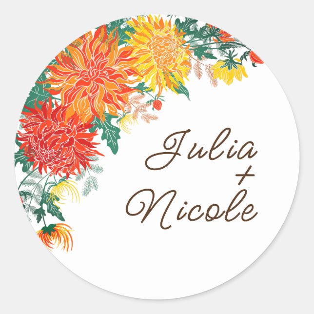Sticker Rond Mariage Pastel Orange Yellow Spring Dahlia Fleurs (Devant)