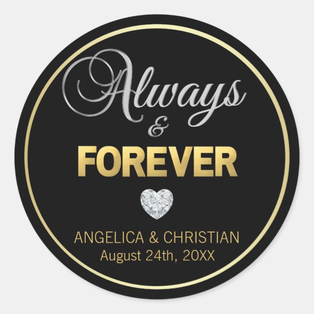 Sticker Rond Mariage personnalisé Black Gold TOUJOURS & FOREVER (Devant)