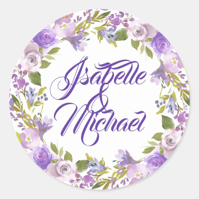 Sticker Rond Mariage personnalisé de la couronne florale violet (Devant)