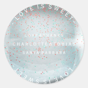 Sticker Rond Mariage personnalisé Merci bleu rose pastel verre