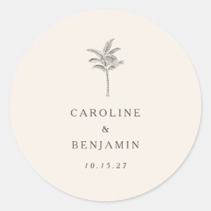 Sticker Rond Mariage personnalisé minimaliste Ecru Palm Tree Li