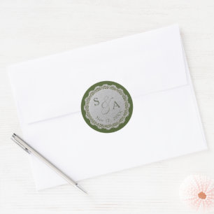 Sticker Rond Mariage personnalisé monogramme vert olive dentell