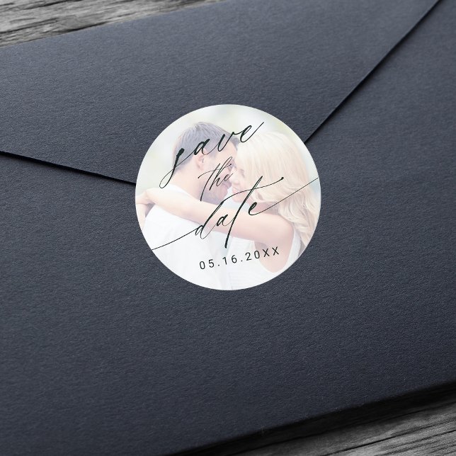 Sticker Rond Mariage photo défraîchi élégant Enregistrer la dat (Créateur téléchargé)
