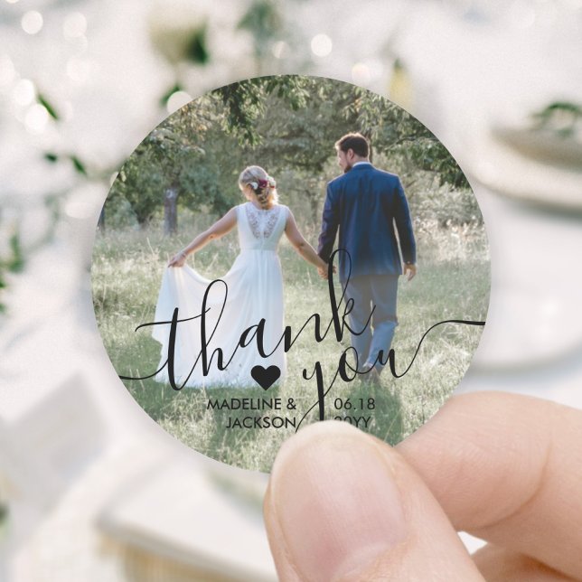 Sticker Rond Mariage Photo & Elegant Black Script Merci (Créateur téléchargé)