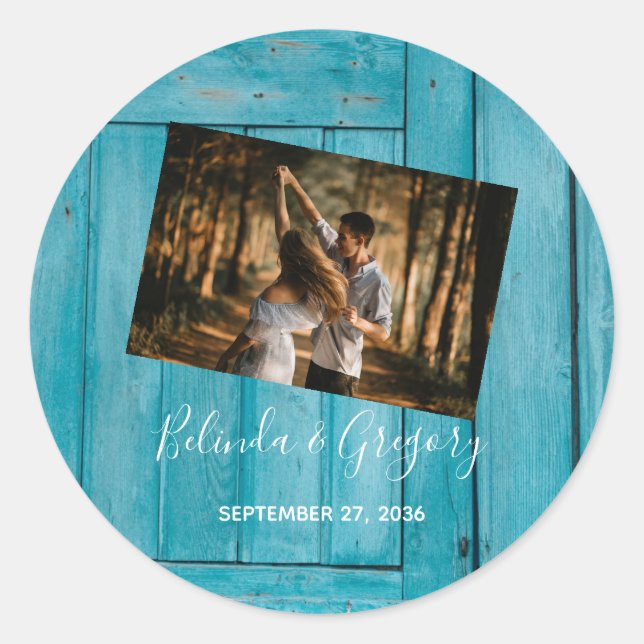 Sticker Rond Mariage photo en bois bleu rustique (Devant)