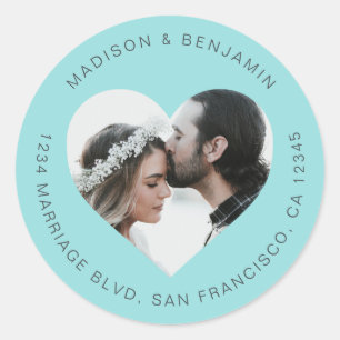 Sticker Rond Mariage photo forme coeur Adresse de retour Bleu