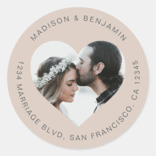 Sticker Rond Mariage photo forme coeur Adresse de retour violet