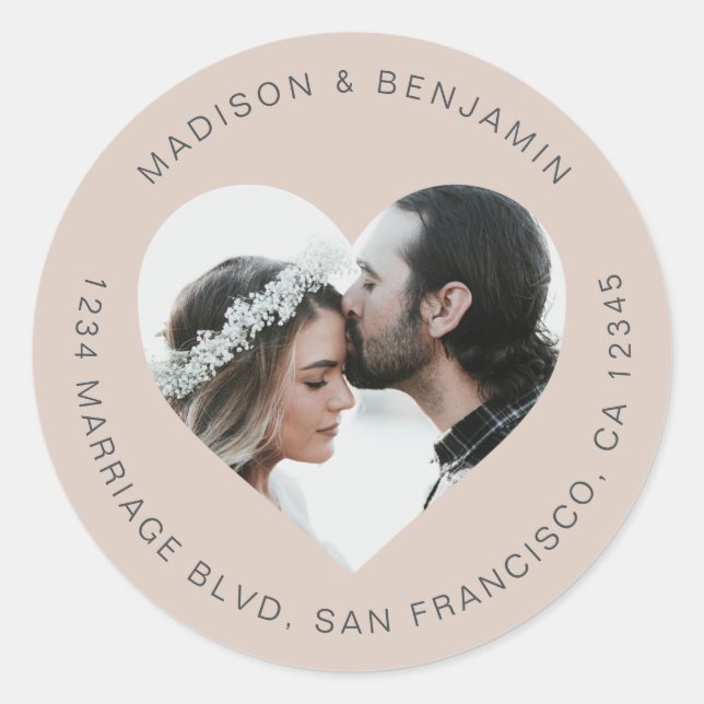 Sticker Rond Mariage photo forme coeur Adresse de retour violet (Devant)