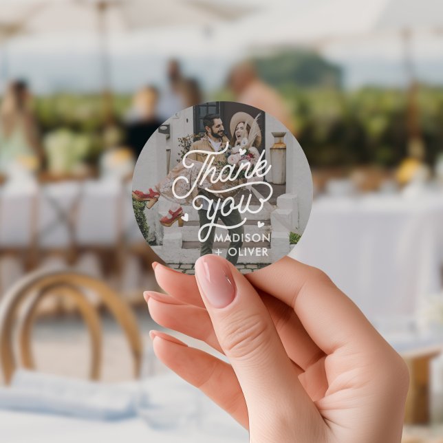 Sticker Rond Mariage photo moderne Bold Typographie Merci (Créateur téléchargé)