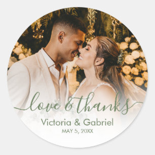Sticker Rond Mariage Photo Vert Blanc Script Photo Merci