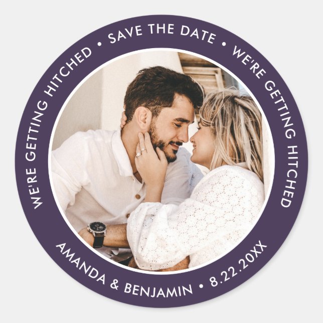 Sticker Rond Mariage photo violet Enregistrer la date (Devant)