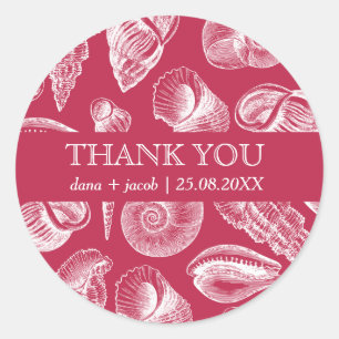 Sticker Rond Mariage plage Viva Magenta White Seashell Merci