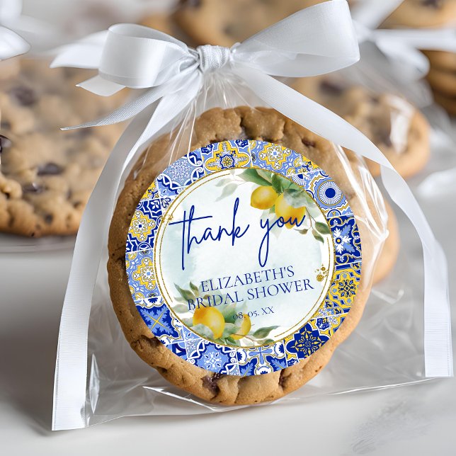 Sticker Rond Mariage Remerciements Cadeau Lemons Carrelage Bleu (Créateur téléchargé)