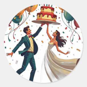Sticker Rond Mariage Rétro Mariée Marié Danse Étoiles Étincelan