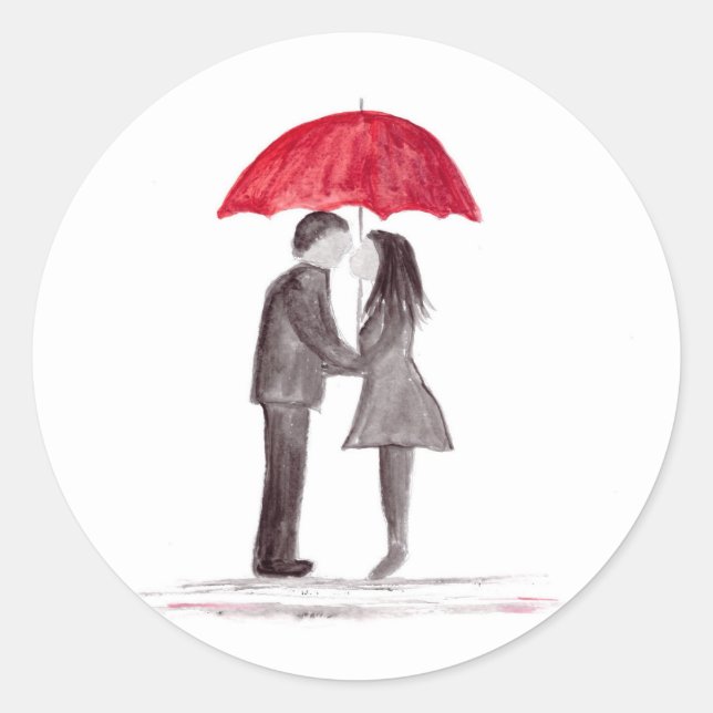 Sticker Rond Mariage romantique avec parapluie rouge aquarelle (Devant)