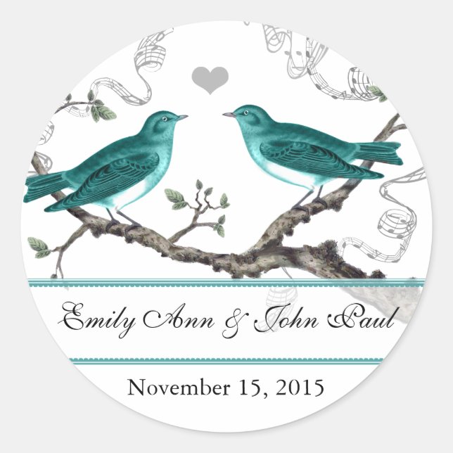 Sticker Rond Mariage Romantique Rustique Oiseau Bleu Menthe (Devant)