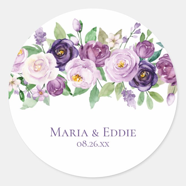 Sticker Rond Mariage Rose de couleur d'eau violet et lavande (Devant)