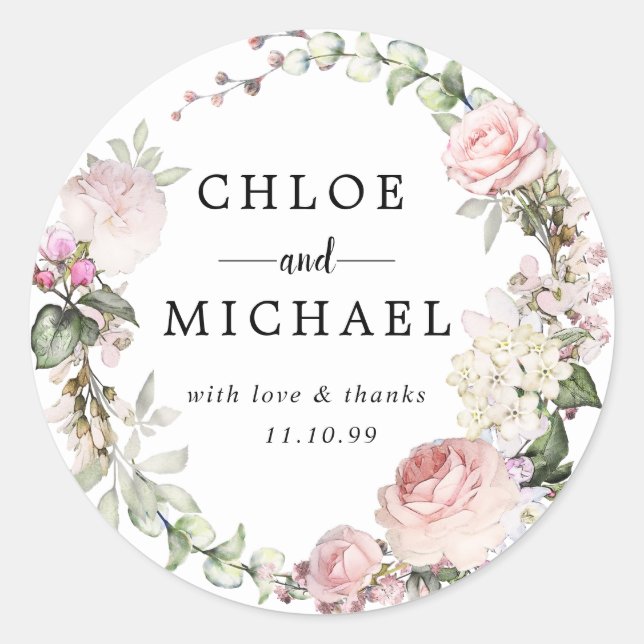 Sticker Rond Mariage rose et blanc Merci Favoriser le phoque (Devant)