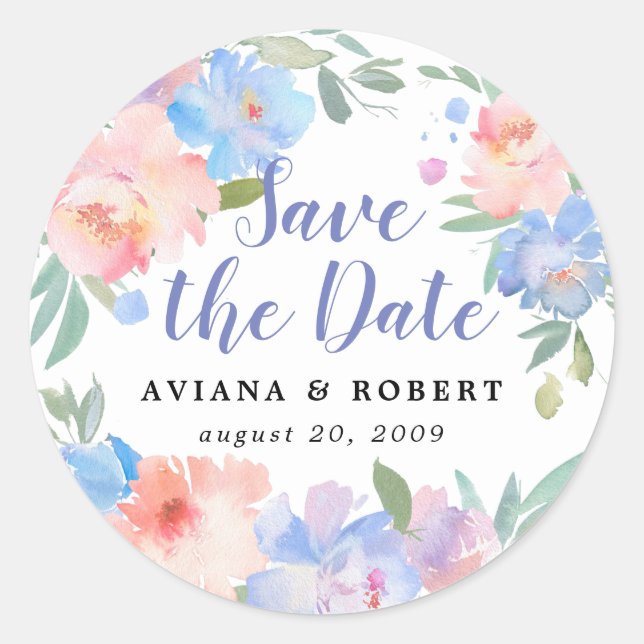 Sticker Rond Mariage rose et bleu floral Enregistrer la date (Devant)