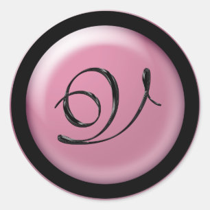 Sticker Rond Mariage rose Et Noir Monogramme V Enveloppe Sceau