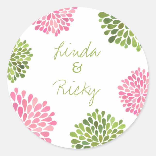 Sticker rond Mariage rose et vert Dahlia (Devant)