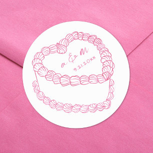 Sticker Rond Mariage Rose Fantaisiste Gâteau Vintage Dessiné à