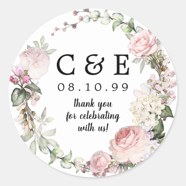 Sticker Rond Mariage rose Floral Monogramme Merci  (Devant)
