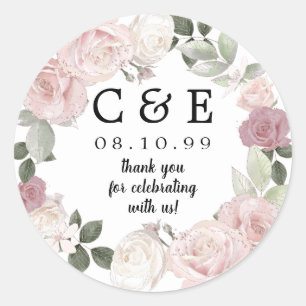 Sticker Rond Mariage rose Floral Monogramme Merci 