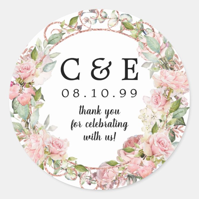 Sticker Rond Mariage rose Floral Monogramme Merci  (Devant)
