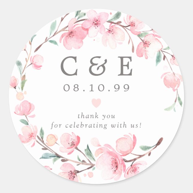 Sticker Rond Mariage rose Floral Monogramme Merci  (Devant)