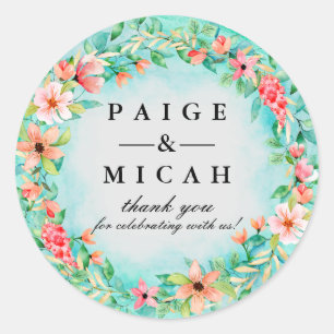 Sticker Rond Mariage rose  Merci botanique