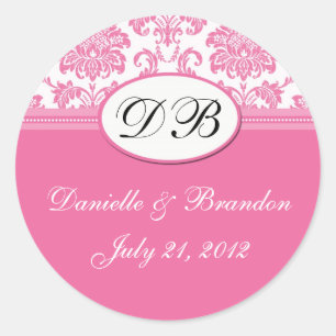 Sticker Rond Mariage rose Monogramme Damask Sceau