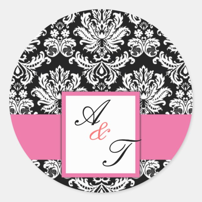 Sticker Rond Mariage rose Monogramme Damask Sceau (Devant)