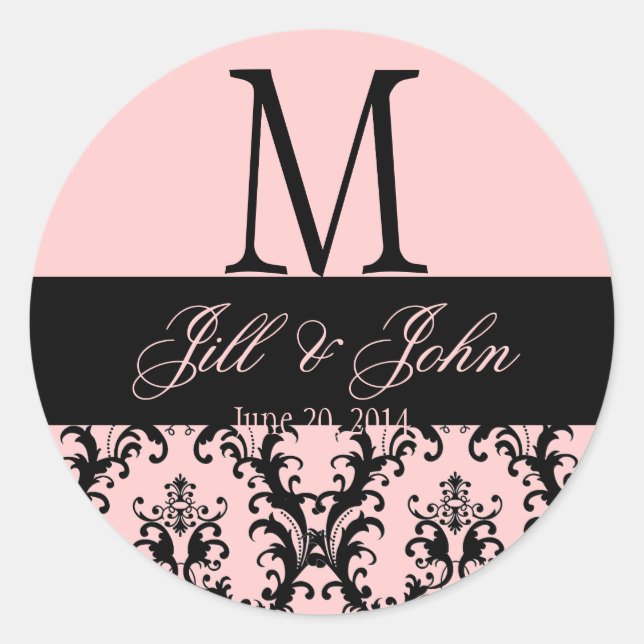 Sticker Rond Mariage rose noir Monogramme Enregistrer Date Dama (Devant)